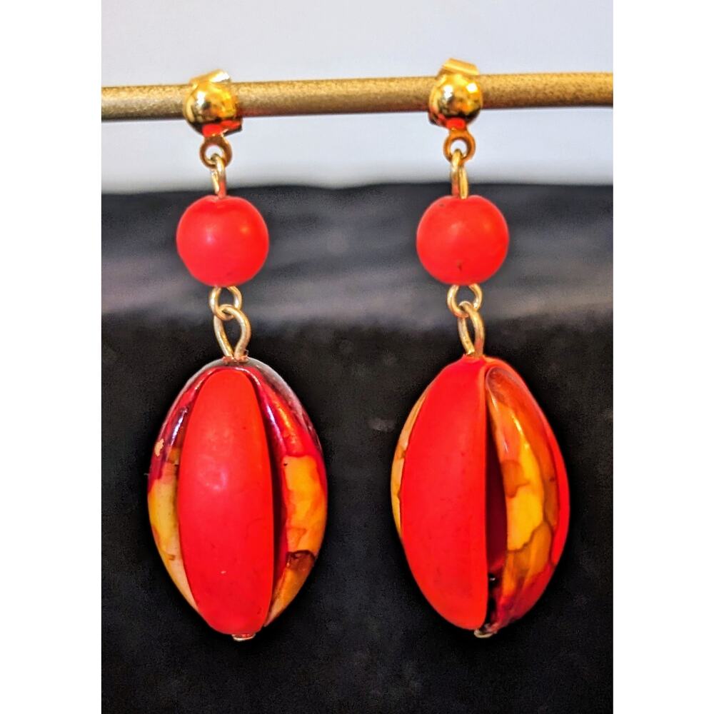 Vintage 70s Red & Brown Variegated Boho Dangle Post Earrings